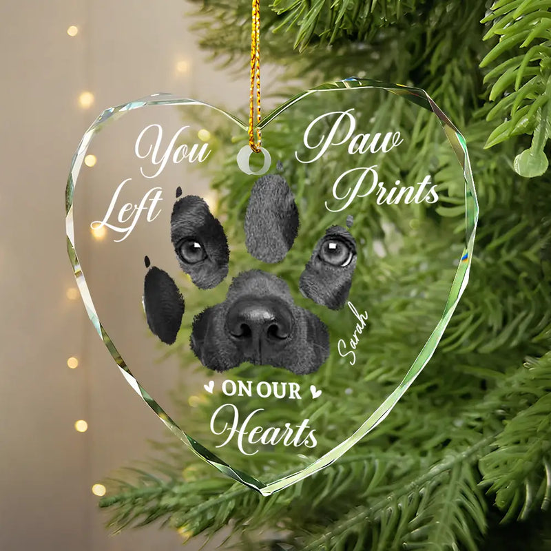 Custom Photo,Dog Lovers,Memorial,Pet Lovers,Dog Mom,Cat Lovers,Cat Mom,Pet Mom,Pet Couple,Dog Couple,Cat Couple,Dog Dad,Cat Dad,Pet Dad,Sad,Christmas - Custom Photo Paw Prints On My Heart - Personalized Heart Shaped Glass Ornament