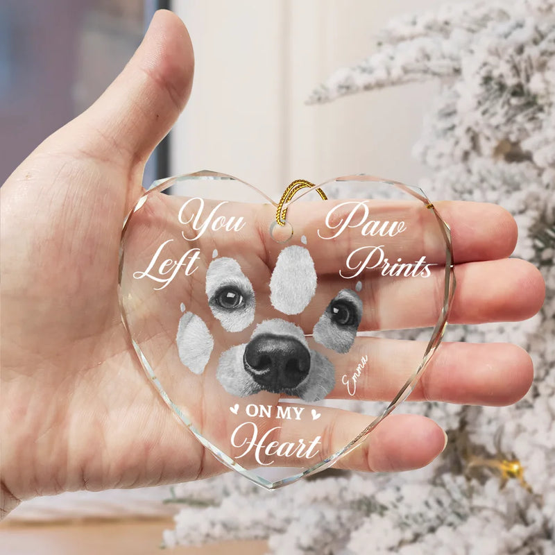 Custom Photo,Dog Lovers,Memorial,Pet Lovers,Dog Mom,Cat Lovers,Cat Mom,Pet Mom,Pet Couple,Dog Couple,Cat Couple,Dog Dad,Cat Dad,Pet Dad,Sad,Christmas - Custom Photo Paw Prints On My Heart - Personalized Heart Shaped Glass Ornament