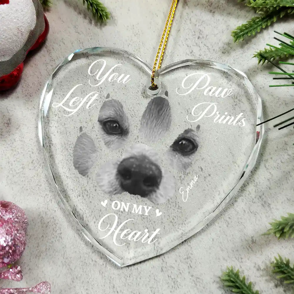 Custom Photo,Dog Lovers,Memorial,Pet Lovers,Dog Mom,Cat Lovers,Cat Mom,Pet Mom,Pet Couple,Dog Couple,Cat Couple,Dog Dad,Cat Dad,Pet Dad,Sad,Christmas - Custom Photo Paw Prints On My Heart - Personalized Heart Shaped Glass Ornament