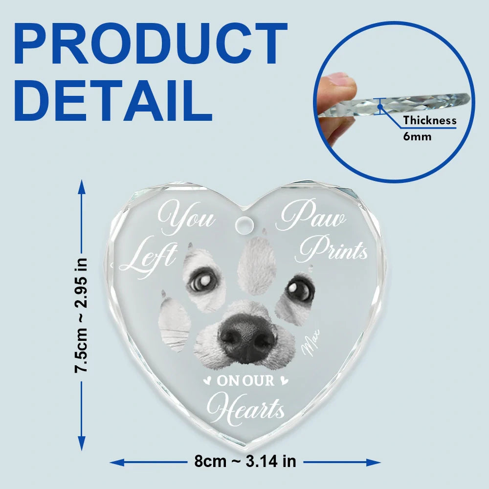 Custom Photo,Dog Lovers,Memorial,Pet Lovers,Dog Mom,Cat Lovers,Cat Mom,Pet Mom,Pet Couple,Dog Couple,Cat Couple,Dog Dad,Cat Dad,Pet Dad,Sad,Christmas - Custom Photo Paw Prints On My Heart - Personalized Heart Shaped Glass Ornament