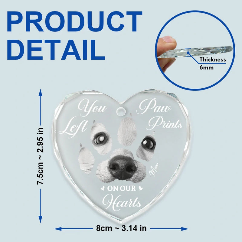 Custom Photo,Dog Lovers,Memorial,Pet Lovers,Dog Mom,Cat Lovers,Cat Mom,Pet Mom,Pet Couple,Dog Couple,Cat Couple,Dog Dad,Cat Dad,Pet Dad,Sad,Christmas - Custom Photo Paw Prints On My Heart - Personalized Heart Shaped Glass Ornament