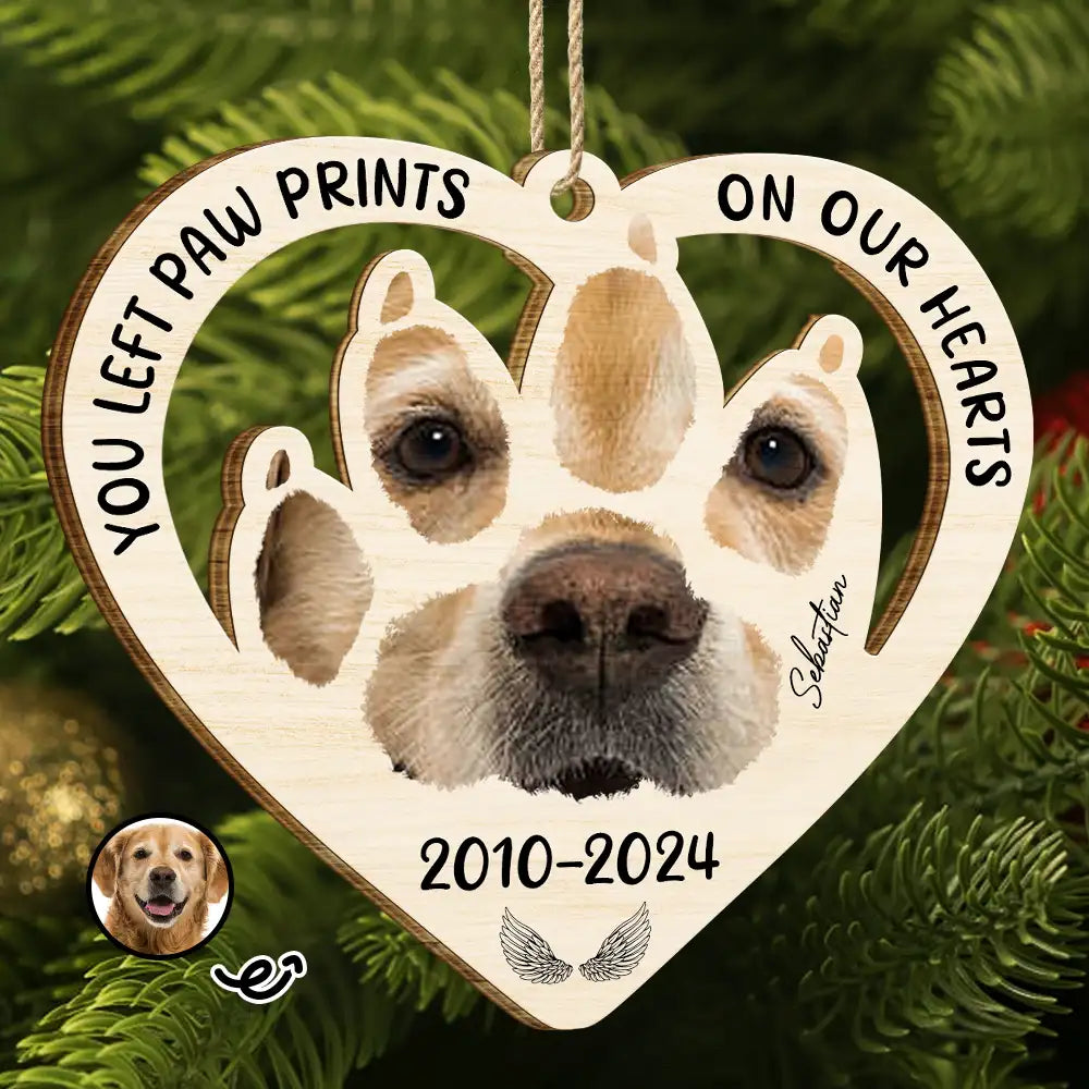 Custom Photo Paw Prints On My Heart - Personalized Wooden Cutout Ornament