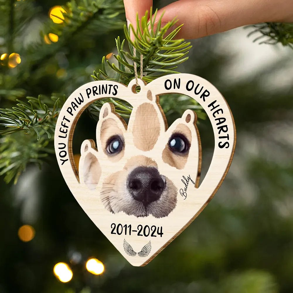 Dog Lovers, Memorial, Pet Lovers - Custom Photo Paw Prints On My Heart - Personalized Wooden Cutout Ornament