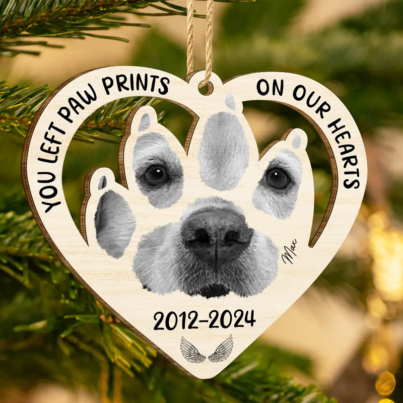 Dog Lovers, Memorial, Pet Lovers - Custom Photo Paw Prints On My Heart - Personalized Wooden Cutout Ornament