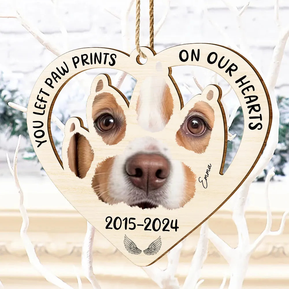 Dog Lovers, Memorial, Pet Lovers - Custom Photo Paw Prints On My Heart - Personalized Wooden Cutout Ornament