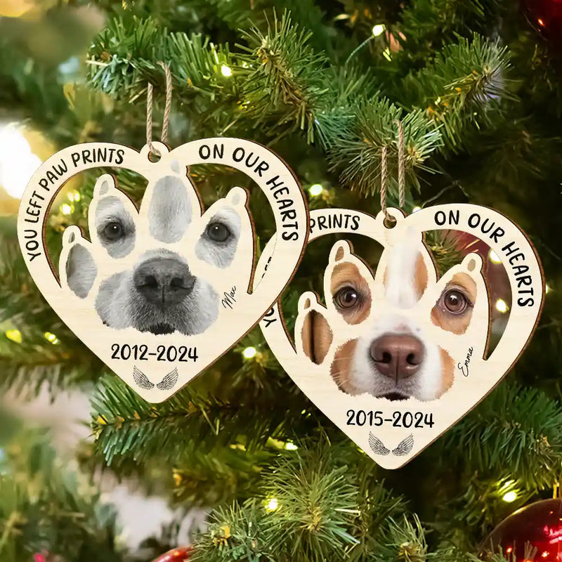 Dog Lovers, Memorial, Pet Lovers - Custom Photo Paw Prints On My Heart - Personalized Wooden Cutout Ornament