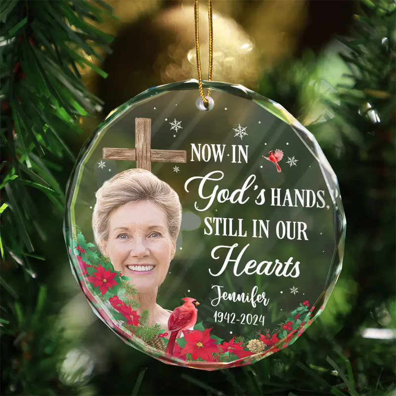 Family, Memorial - Christmas Custom Photo Memorial God Has You In His Hands - Personalized Circle Glass Ornament