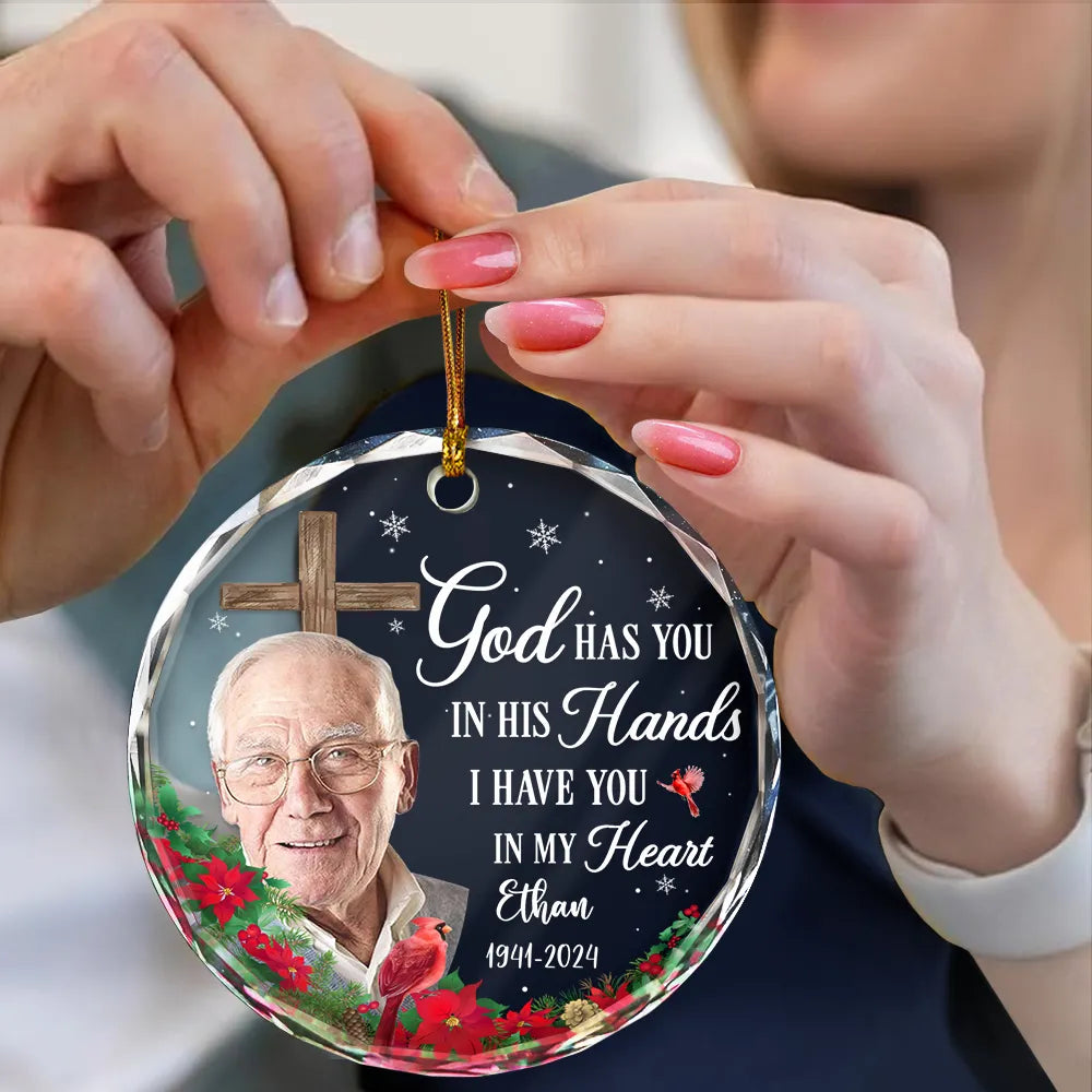Family, Memorial - Christmas Custom Photo Memorial God Has You In His Hands - Personalized Circle Glass Ornament