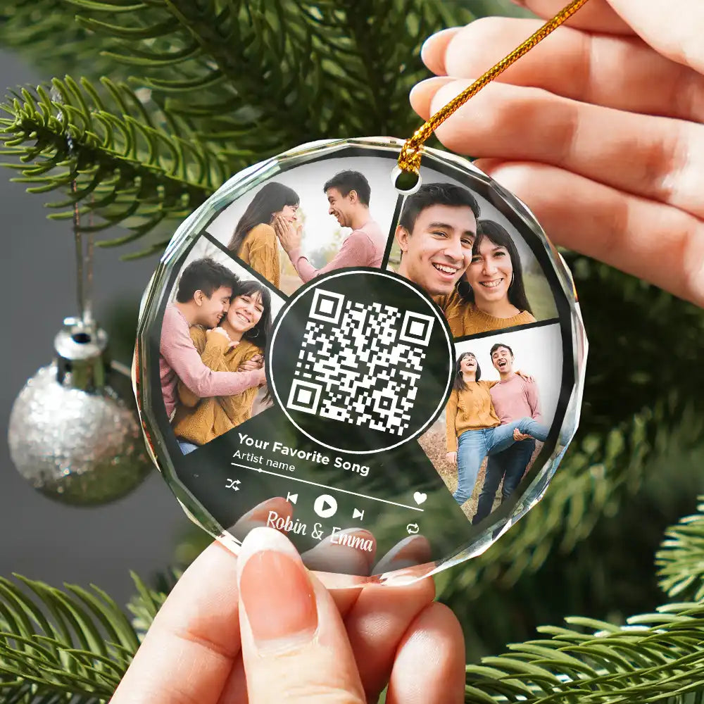 Gift For Couples, Gift For Husband, Gift For Wife, Gift For Boyfriend, Gift For Girlfriend - Custom Photo Favorite Song QR Code - Personalized Circle Glass Ornament