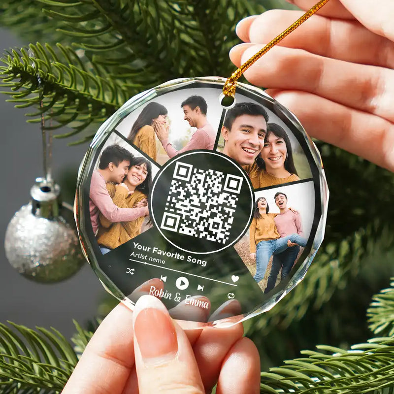 Custom Photo Favorite Song QR Code - Personalized Circle Glass Ornament