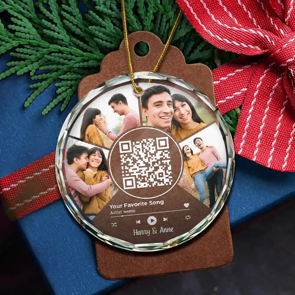 Gift For Couples, Gift For Husband, Gift For Wife, Gift For Boyfriend, Gift For Girlfriend - Custom Photo Favorite Song QR Code - Personalized Circle Glass Ornament