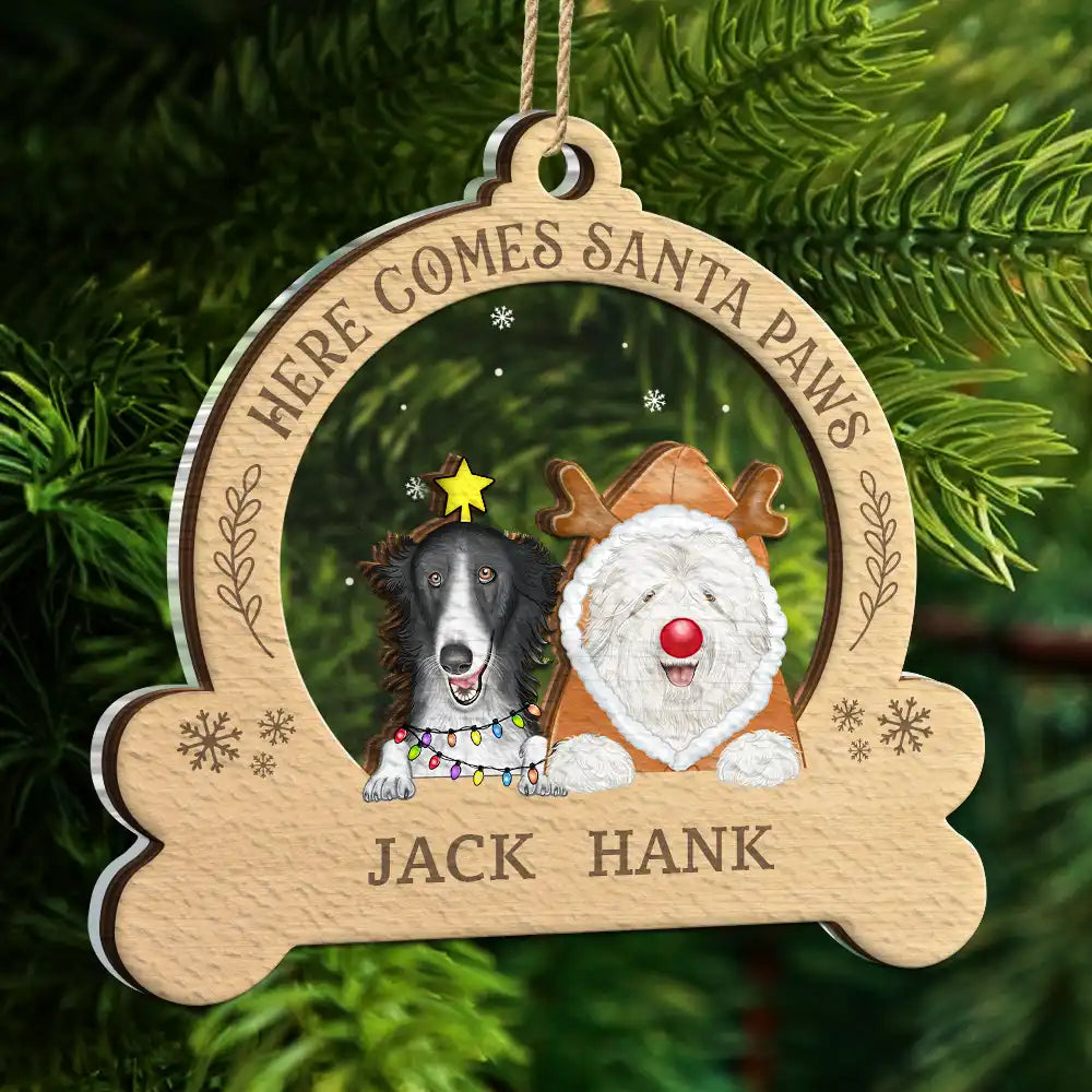 Dog Lovers - Here Come Santa Paws - Personalized 2-Layered Mix Ornament