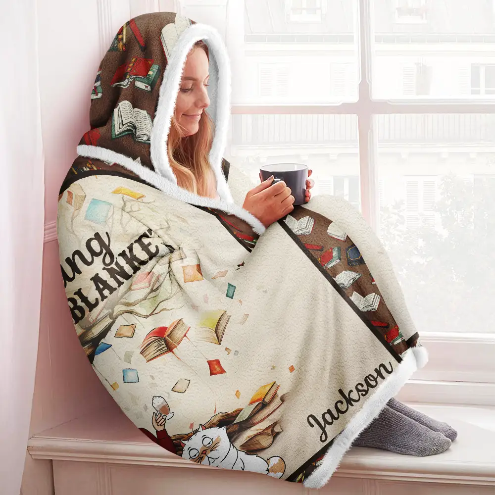 Book Reading Cat Cuddling Blanket Personalized Wearable Hooded Bla Wander Prints