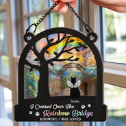 Memorial, Dog Lovers, Pet Lovers, Dog Mom, Dog Dad, Cat Lovers, Cat Mom, Cat Dad, Pet Mom, Pet Dad - Dog Cat Silhouette Over The Rainbow Bridge - Personalized Window Hanging Suncatcher Ornament
