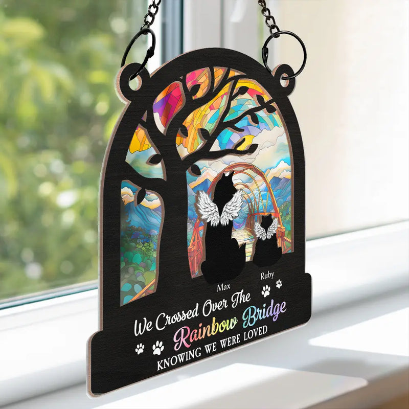 Memorial, Dog Lovers, Pet Lovers, Dog Mom, Dog Dad, Cat Lovers, Cat Mom, Cat Dad, Pet Mom, Pet Dad - Dog Cat Silhouette Over The Rainbow Bridge - Personalized Window Hanging Suncatcher Ornament
