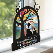 Memorial, Dog Lovers, Pet Lovers, Dog Mom, Dog Dad, Cat Lovers, Cat Mom, Cat Dad, Pet Mom, Pet Dad - Dog Cat Silhouette Over The Rainbow Bridge - Personalized Window Hanging Suncatcher Ornament
