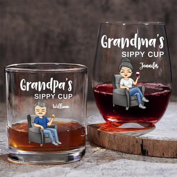 Gift For Couples,Gift For Grandparents,Old Couples,Gift For Husband,Gift For Wife - Grandma's & Grandpa's Sippy Cup - Personalized Wine And Whiskey Glass Set
