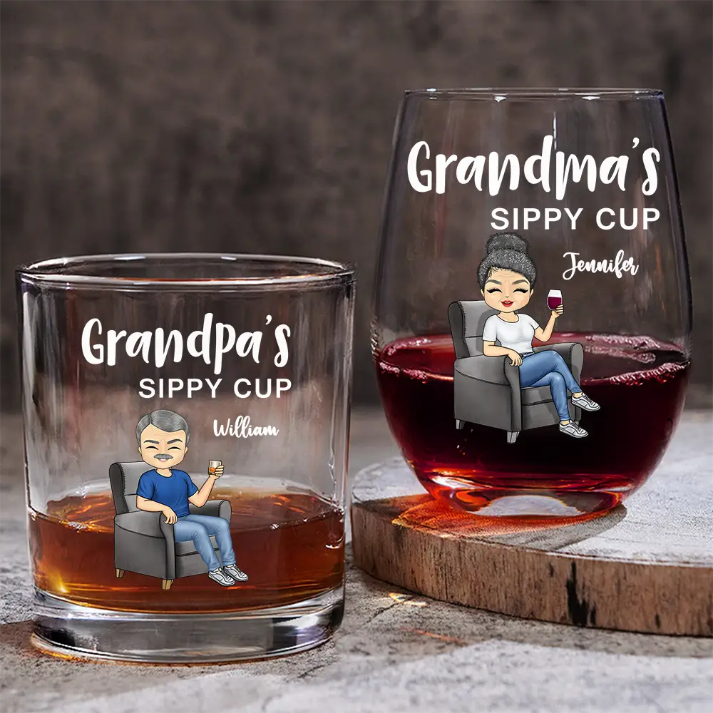 Gift For Couples,Gift For Grandparents,Old Couples,Gift For Husband,Gift For Wife - Grandma's & Grandpa's Sippy Cup - Personalized Wine And Whiskey Glass Set

