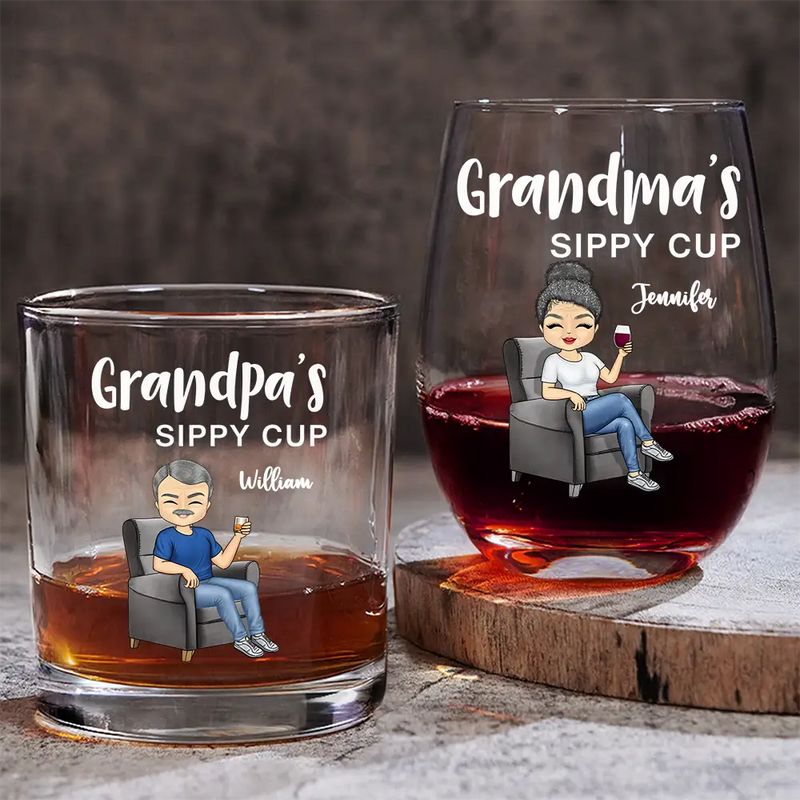 Gift For Couples,Gift For Grandparents,Old Couples,Gift For Husband,Gift For Wife - Grandma's & Grandpa's Sippy Cup - Personalized Wine And Whiskey Glass Set
