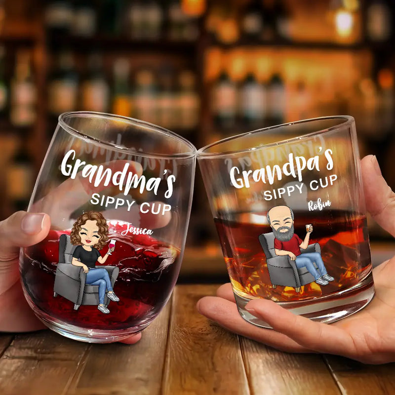 Gift For Couples,Gift For Grandparents,Old Couples,Gift For Husband,Gift For Wife - Grandma's & Grandpa's Sippy Cup - Personalized Wine And Whiskey Glass Set
