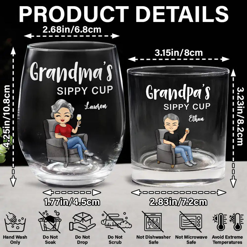 Gift For Couples,Gift For Grandparents,Old Couples,Gift For Husband,Gift For Wife - Grandma's & Grandpa's Sippy Cup - Personalized Wine And Whiskey Glass Set
