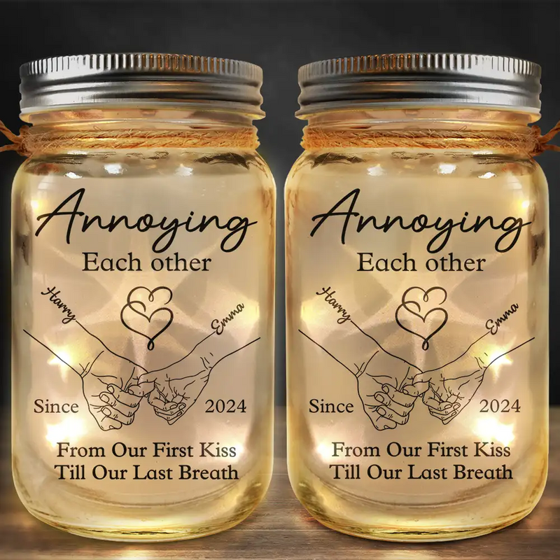 Gift For Couples, Gift For Husband, Gift For Wife, Gift For Boyfriend, Gift For Girlfriend - Couple Hold Hand From Our First Kiss - Personalized Mason Jar Light