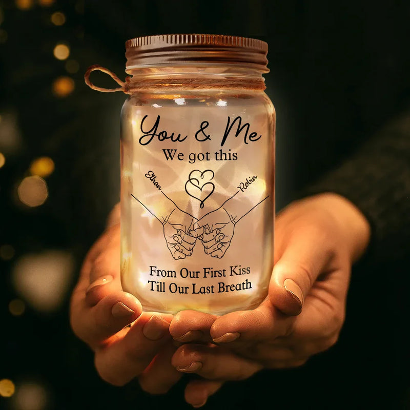 Gift For Couples, Gift For Husband, Gift For Wife, Gift For Boyfriend, Gift For Girlfriend - Couple Hold Hand From Our First Kiss - Personalized Mason Jar Light