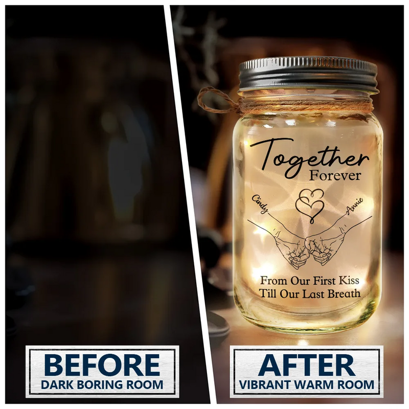 Gift For Couples, Gift For Husband, Gift For Wife, Gift For Boyfriend, Gift For Girlfriend - Couple Hold Hand From Our First Kiss - Personalized Mason Jar Light