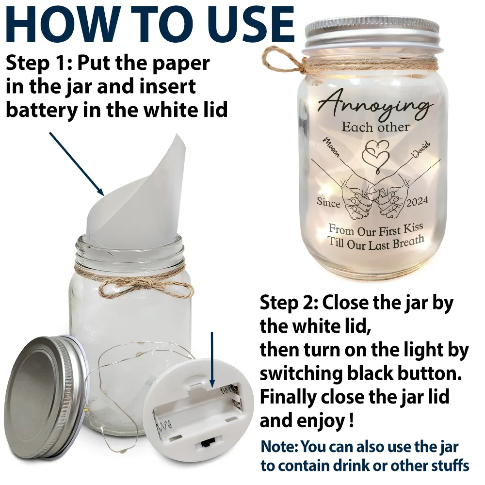 Gift For Couples, Gift For Husband, Gift For Wife, Gift For Boyfriend, Gift For Girlfriend - Couple Hold Hand From Our First Kiss - Personalized Mason Jar Light