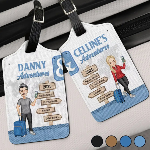 Gift For Couples,Gift For Husband,Gift For Wife,Travel,Happy,Gift For Boyfriend,Gift For Girlfriend - Couple Travel Adventures Sign Post - Personalized Combo 2 Luggage Tags