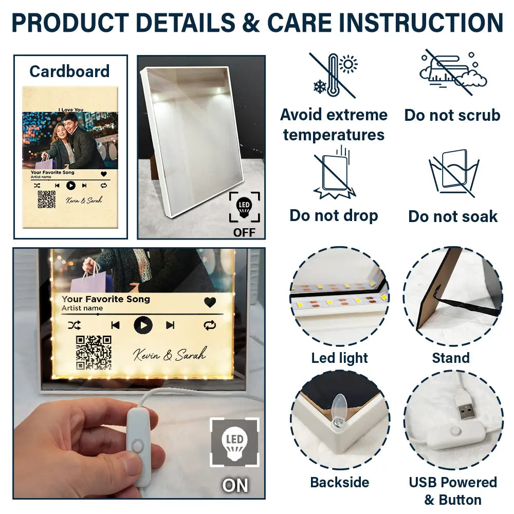 Gift For Couples, Gift For Husband, Gift For Wife, Gift For Boyfriend, Gift For Girlfriend - Custom Photo QR Code Music Lovers Couple Favorite Song - Personalized LED Mirror Frame Lamp