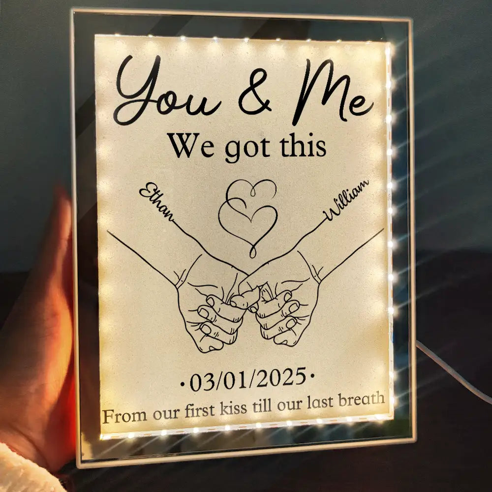 Gift For Couples,Gift For Husband,Gift For Wife,Gift For Boyfriend,Gift For Girlfriend,Happy - Couple Holding Hands From Our First Kiss - Personalized LED Mirror Frame Lamp