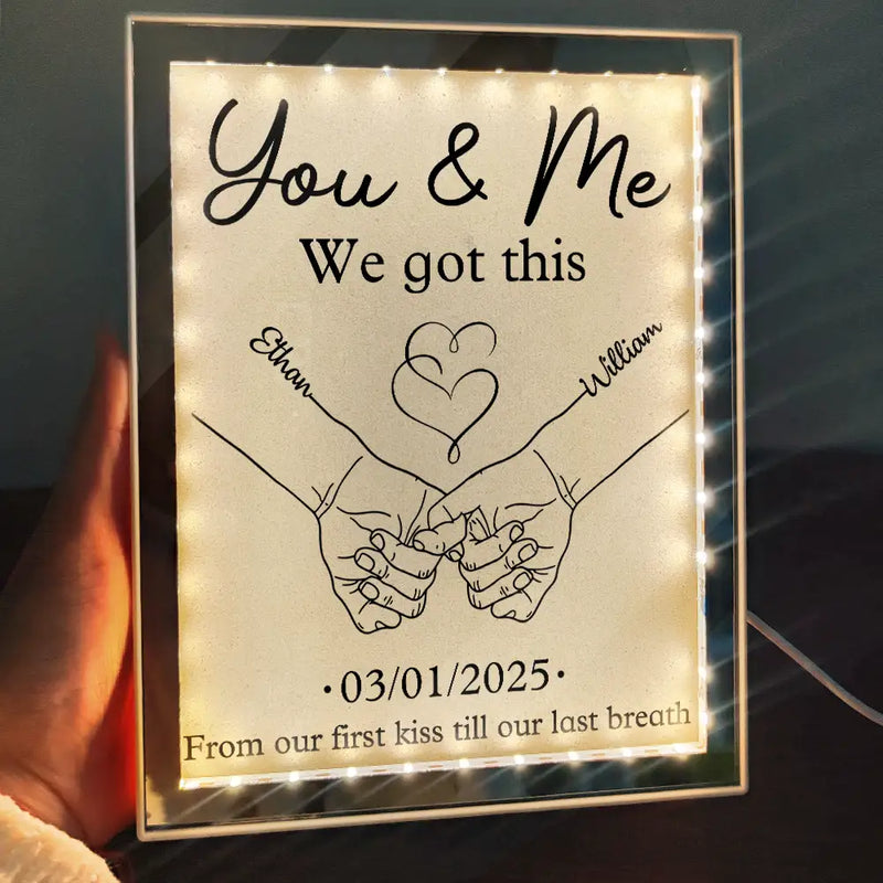 Gift For Couples,Gift For Husband,Gift For Wife,Gift For Boyfriend,Gift For Girlfriend,Happy - Couple Holding Hands From Our First Kiss - Personalized LED Mirror Frame Lamp