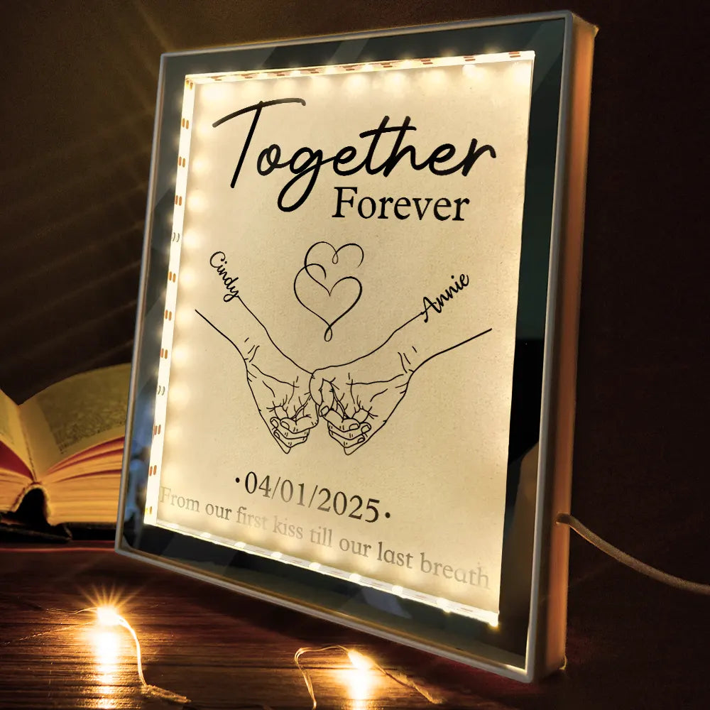 Gift For Couples,Gift For Husband,Gift For Wife,Gift For Boyfriend,Gift For Girlfriend,Happy - Couple Holding Hands From Our First Kiss - Personalized LED Mirror Frame Lamp