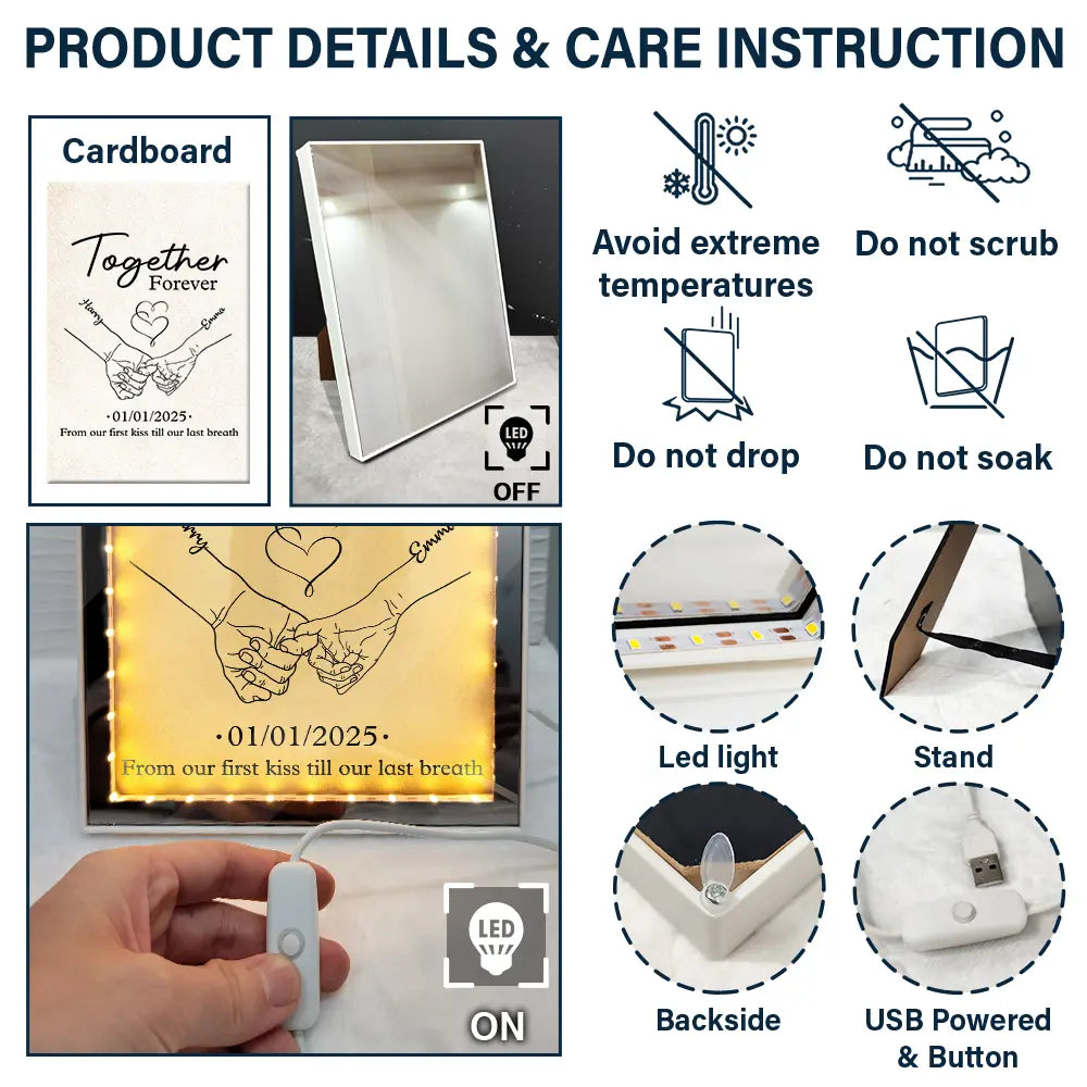 Gift For Couples,Gift For Husband,Gift For Wife,Gift For Boyfriend,Gift For Girlfriend,Happy - Couple Holding Hands From Our First Kiss - Personalized LED Mirror Frame Lamp