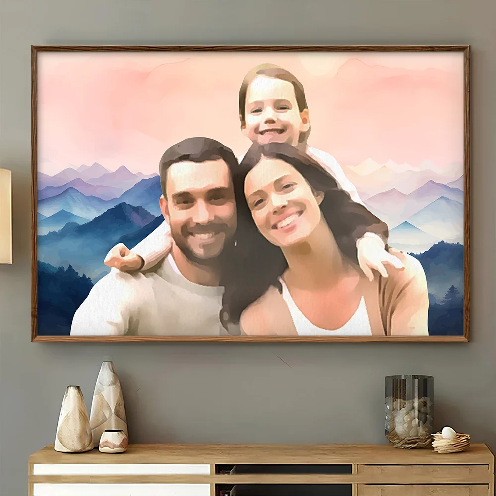 Gift For Couples, Old Couples, Gift For Husband, Gift For Wife, Gift For Boyfriend, Gift For Girlfriend, Family, Gift For Bestie - Custom Photo Watercolor Couple Family Besties Landscape - Personalized Poster