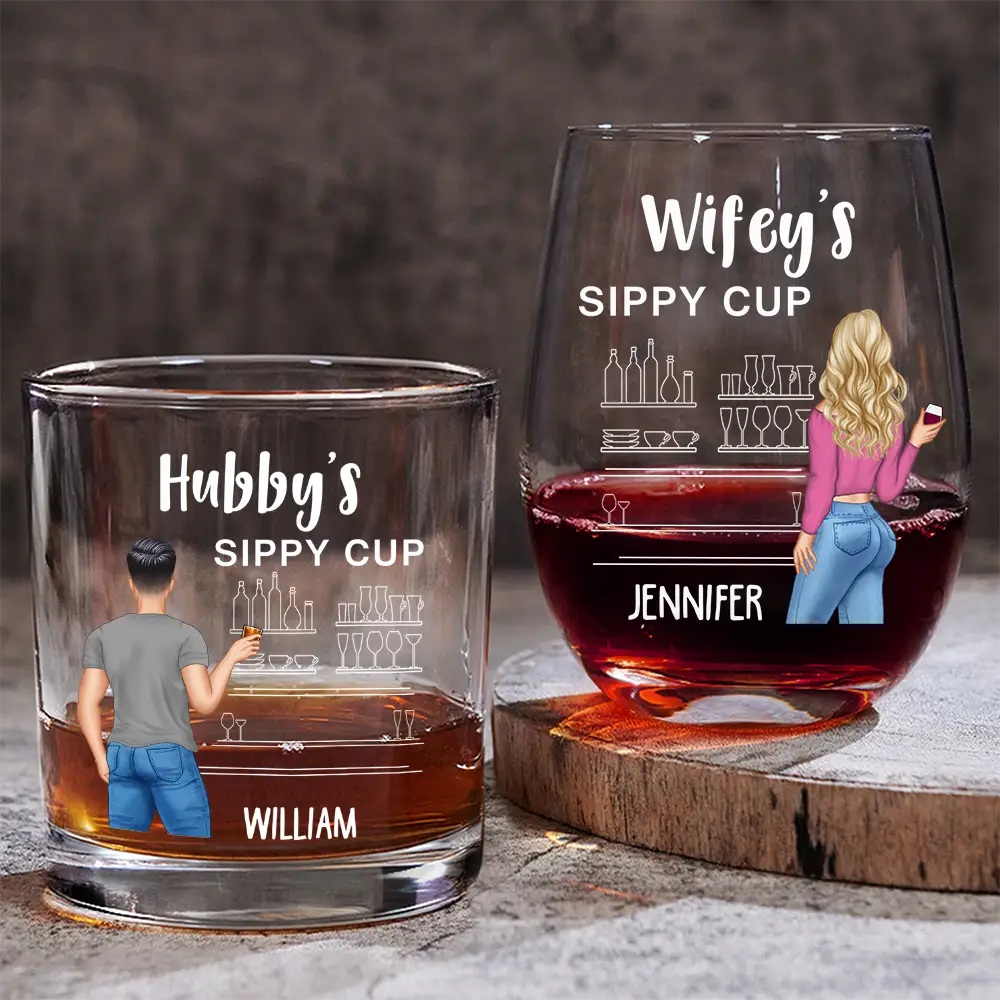 Gift For Couples,Gift For Husband,Gift For Wife,Gift For Boyfriend,Gift For Girlfriend,Happy - Couple Wifey Hubby's Sippy Cup - Personalized Combo Wine & Whiskey Glass