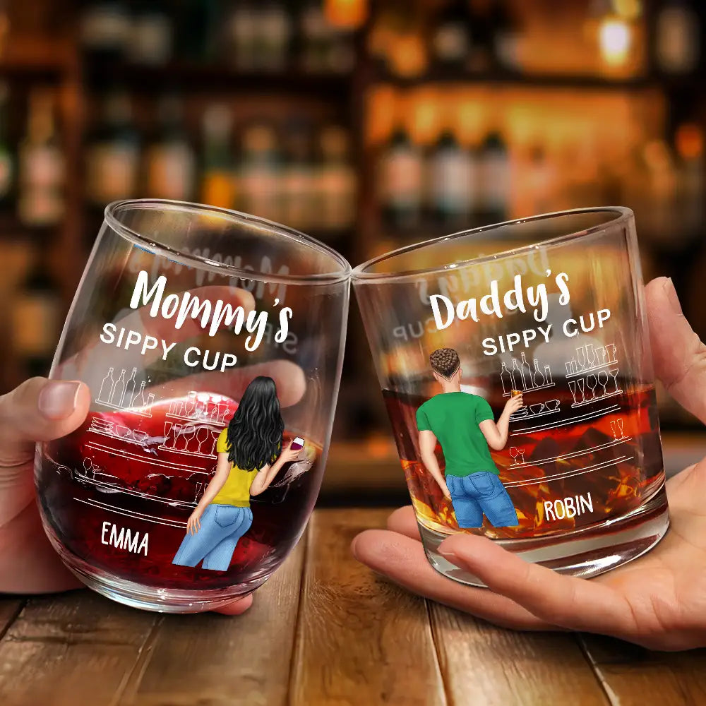 Gift For Couples,Gift For Husband,Gift For Wife,Gift For Boyfriend,Gift For Girlfriend,Happy - Couple Wifey Hubby's Sippy Cup - Personalized Combo Wine & Whiskey Glass
