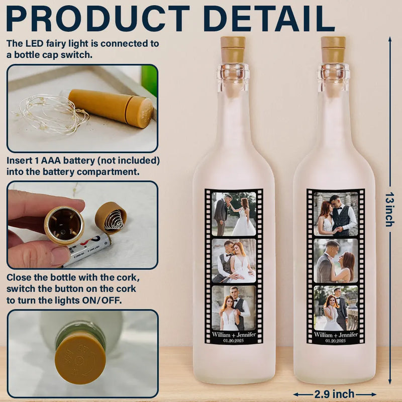 Gift For Couples, Gift For Husband, Gift For Wife, Gift For Boyfriend, Gift For Girlfriend - Custom Photo Film Strip - Personalized Bottle Light
