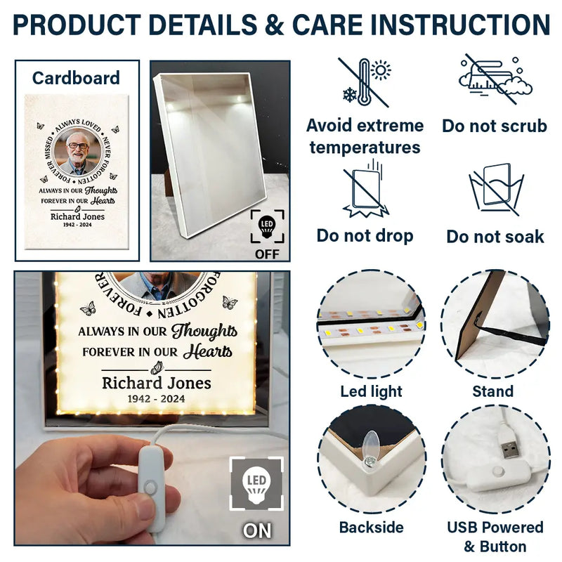 Memorial,Custom Photo,Gift For Mother,Gift For Father,Family,Sad - Custom Photo Memorial Always In Our Thoughts - Personalized LED Mirror Frame Lamp