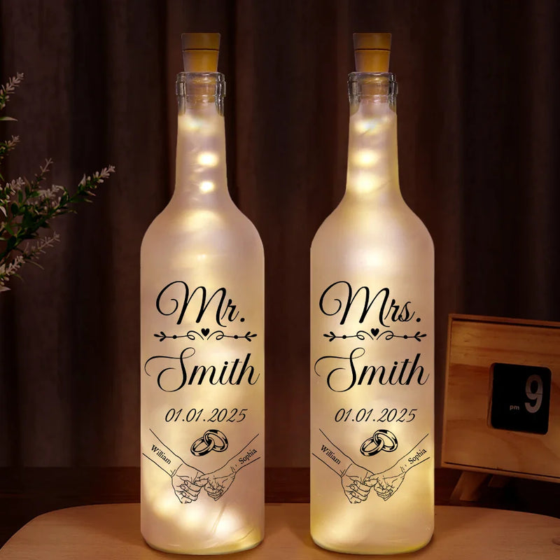Gift For Couples, Gift For Husband, Gift For Wife, Married  - Mr & Mrs Holding Hands - Personalized Bottle Light
