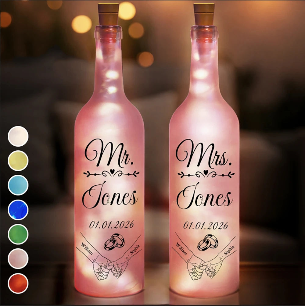 Gift For Couples, Gift For Husband, Gift For Wife, Married  - Mr & Mrs Holding Hands - Personalized Bottle Light
