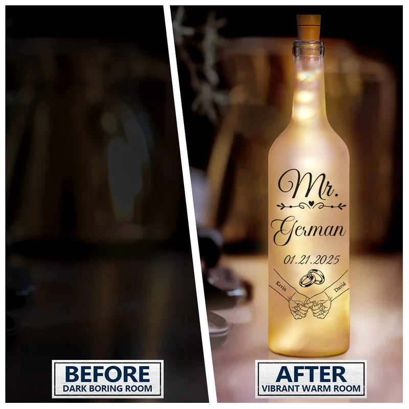Gift For Couples, Gift For Husband, Gift For Wife, Married  - Mr & Mrs Holding Hands - Personalized Bottle Light
