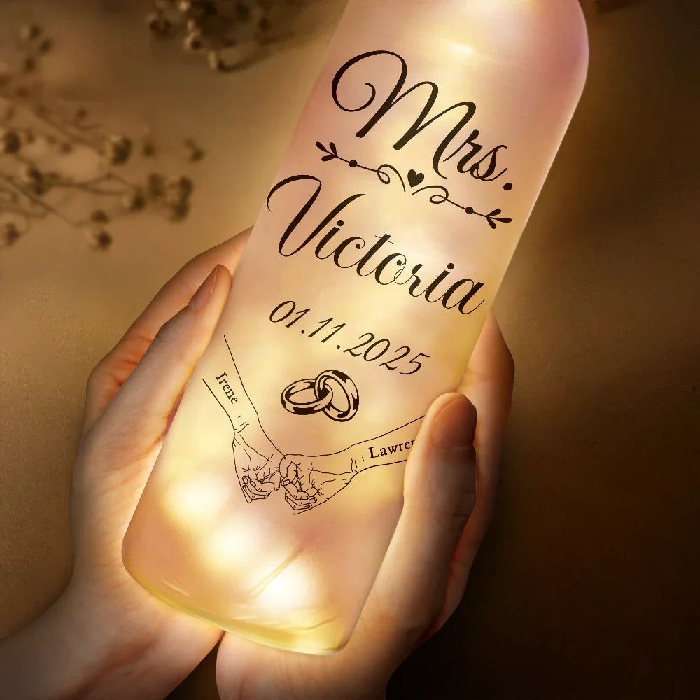 Gift For Couples, Gift For Husband, Gift For Wife, Married  - Mr & Mrs Holding Hands - Personalized Bottle Light
