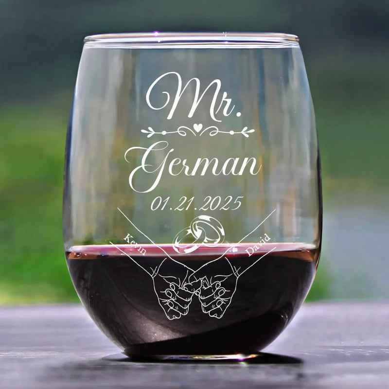Gift For Husband,Gift For Wife,Gift For Couples,Married ,Love - Mr & Mrs Holding Hands - Personalized Stemless Wine Glass