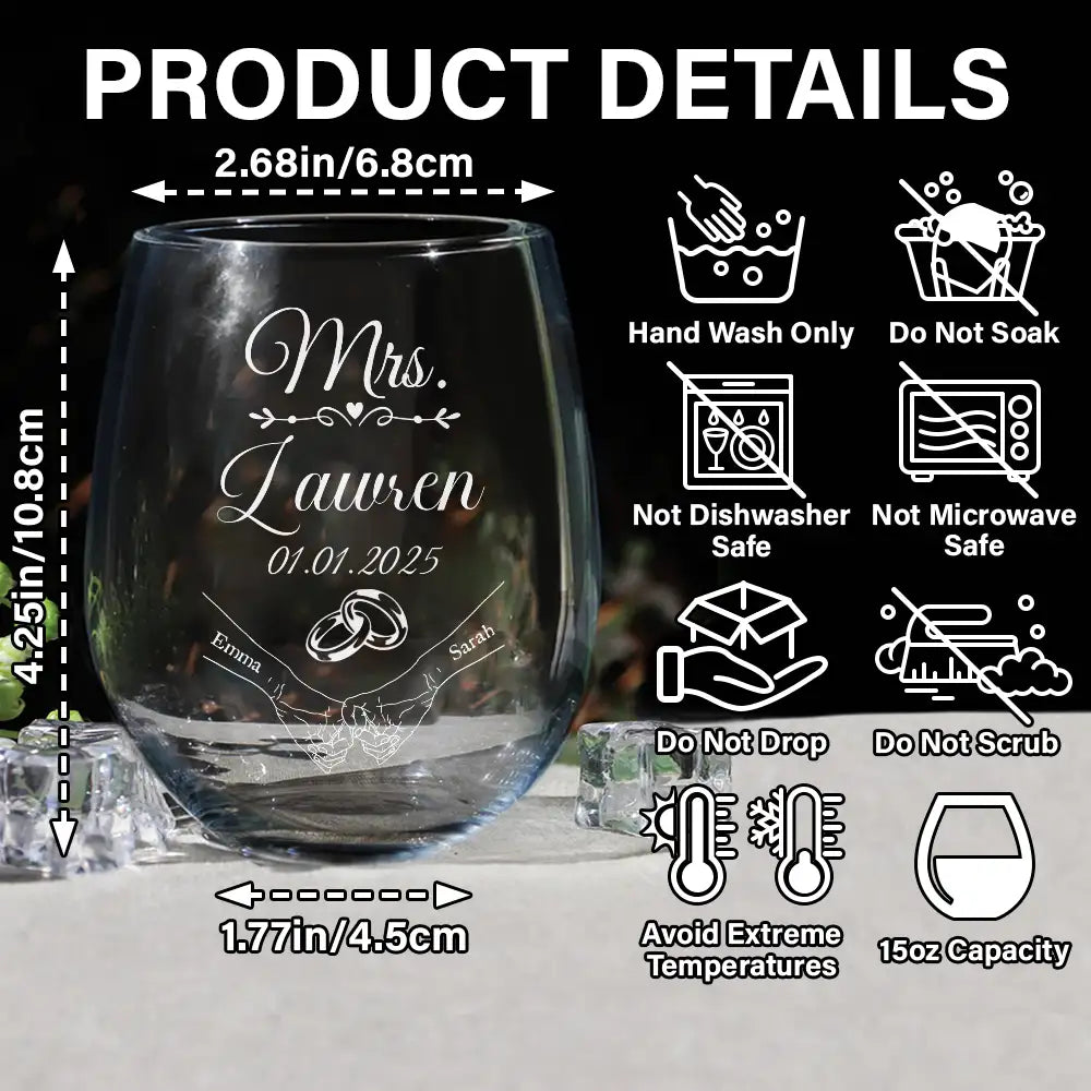 Gift For Husband,Gift For Wife,Gift For Couples,Married ,Love - Mr & Mrs Holding Hands - Personalized Stemless Wine Glass