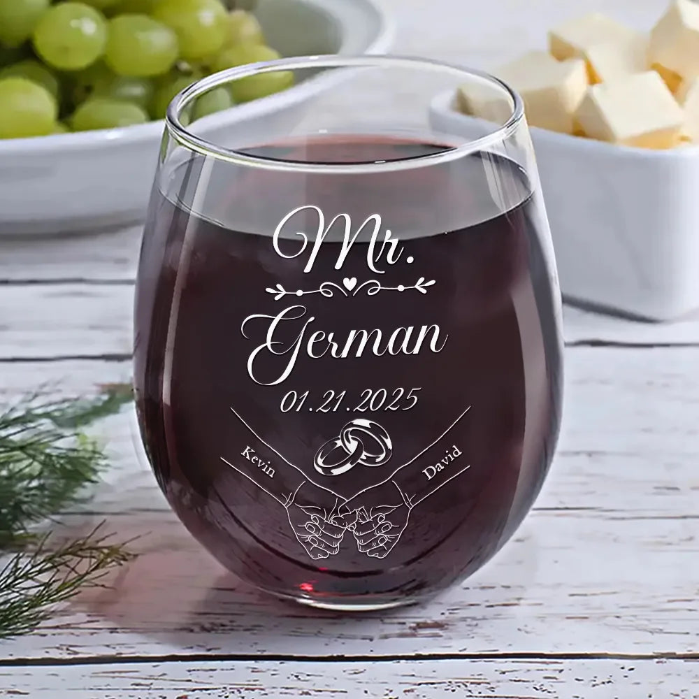 Gift For Husband,Gift For Wife,Gift For Couples,Married ,Love - Mr & Mrs Holding Hands - Personalized Stemless Wine Glass