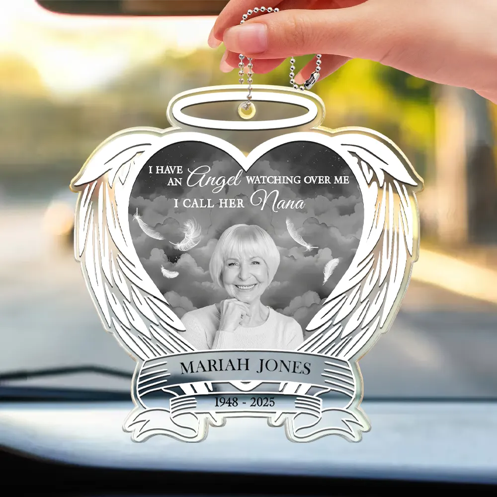 Memorial, Custom Photo, Sad, Gift For Son, Gift For Daughter - Custom Photo I Have An Angel Watching Over Me - Personalized Acrylic Car Hanger