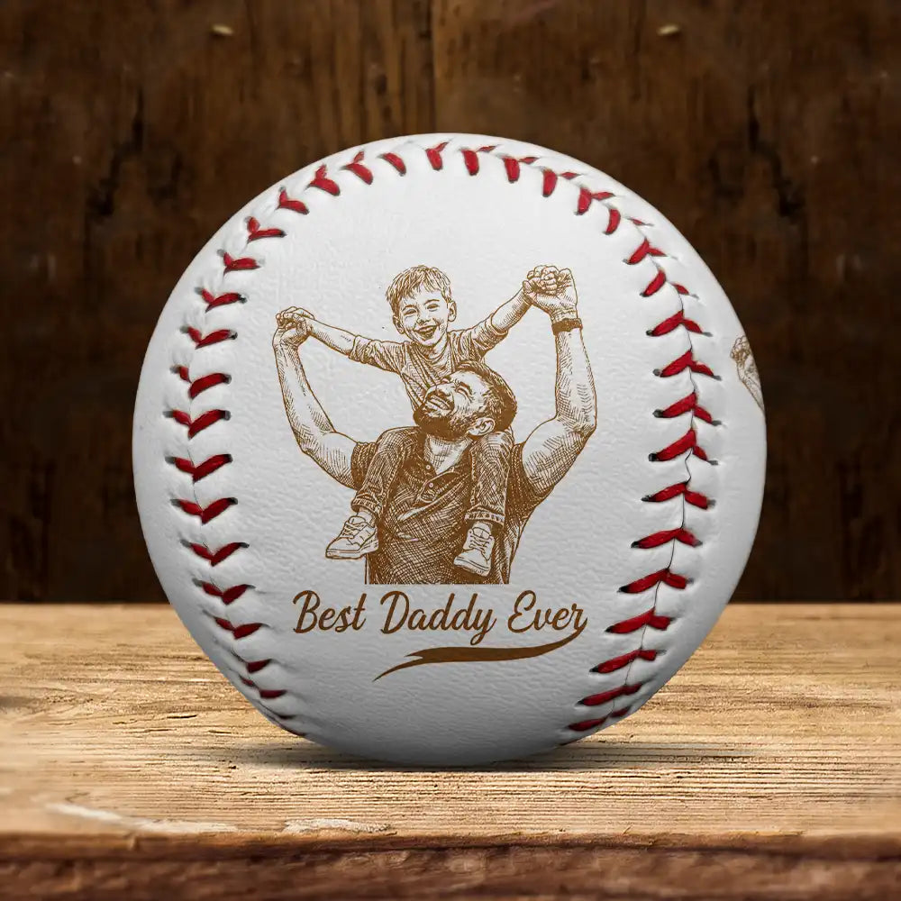 Custom Photo Pencil Drawing Engraved Best Dad Grandpa Ever - Personalized Baseball, Softball
