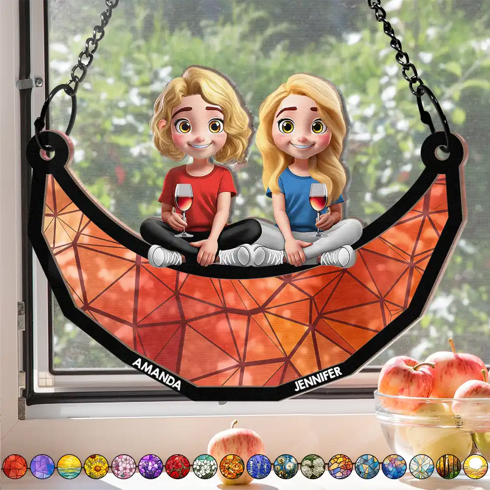 Bestie Sister Sitting On The Moon - Personalized Window Hanging Suncatcher Ornament
